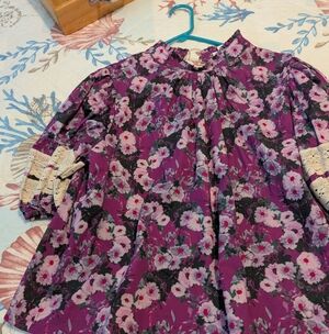 Floral Purple Blouse with Lace Accents